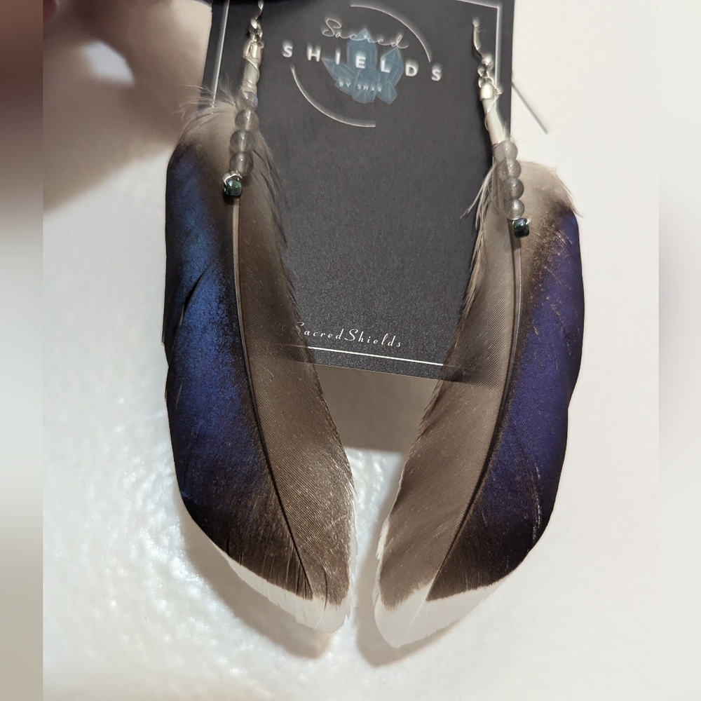Elegant Feather Earrings with Blue and Brown Hues